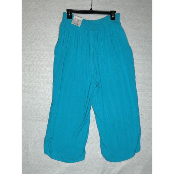 NWT Catherines‎ 0XL 14/16W Teal Blue Wide Leg Elastic Waist Capri Rayon Crinkle - Picture 3 of 7